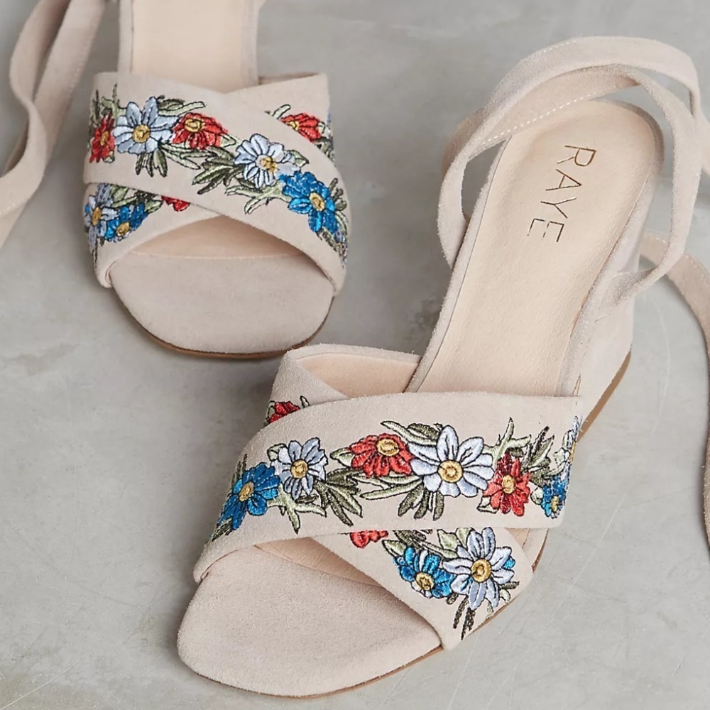 NEW Anthropologie Raye Tan Suede Embroidered Floral Lace Up Heeled Sandals 10